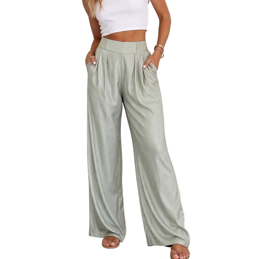 NWOT Capulet Sage Green High Waisted Wide Leg Pleated Trousers‎ Womens Large